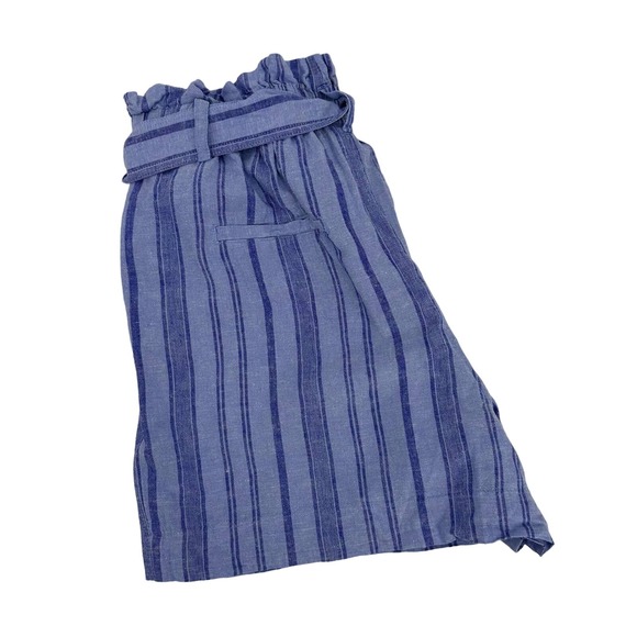 A New Day Striped High Rise Linen Blend Ruffle Waist Paperbag Shorts Size L Blue - Picture 2 of 10